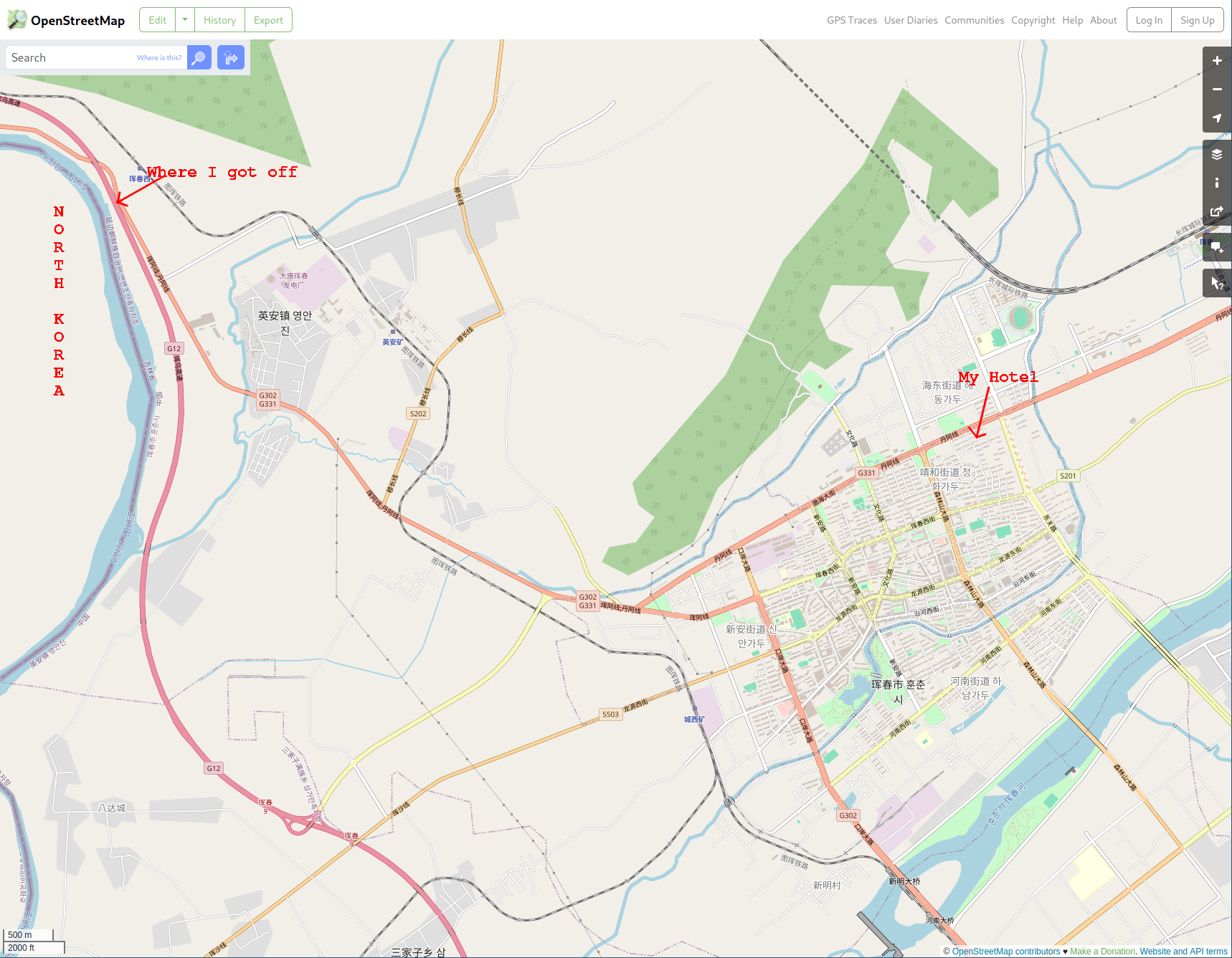 Map showing Hunchun's proximity to North Korea